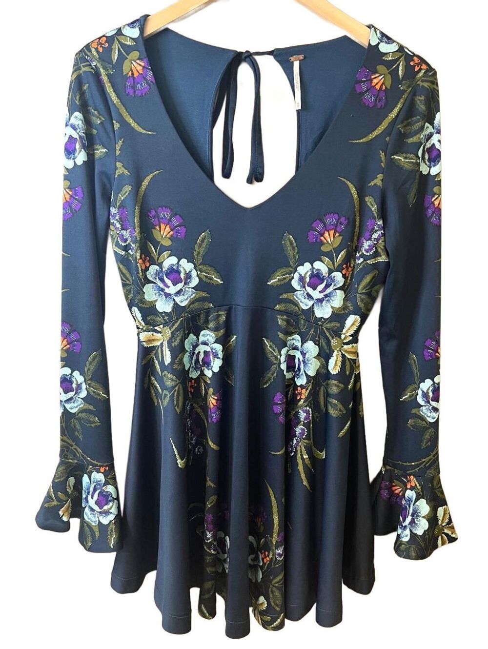 Free People Date Night Mini Dress Navy Combo Floral Bell Sleeve Open Back XS